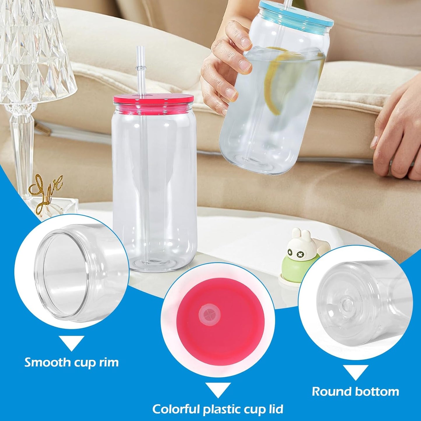 16oz Plastic Mason Jars, 6Pack Clear Mason Drinking Acrylic Cups with Lids and Stainless Steel Straws Iced Coffee Cups Shatterproof Unbreakable Tumblers for Smoothies, Beer, Coffee, Milk Tea, Colored