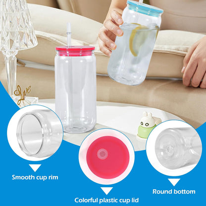16oz Plastic Mason Jars, 6Pack Clear Mason Drinking Acrylic Cups with Lids and Stainless Steel Straws Iced Coffee Cups Shatterproof Unbreakable Tumblers for Smoothies, Beer, Coffee, Milk Tea, Colored