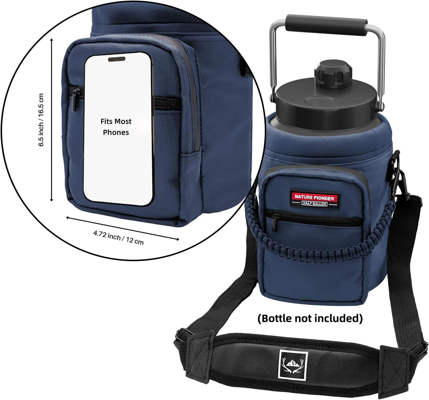 NATURE PIONEOR Water Bottle Holder with Adjustable Strap - Half/One Gallon (64/128oz) Insulated Water Bottle Sling Carrier with Phone Pocket & Paracord Handle, Outdoor Camping, Hiking, Gym