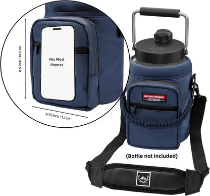 NATURE PIONEOR Water Bottle Holder with Adjustable Strap - Half/One Gallon (64/128oz) Insulated Water Bottle Sling Carrier with Phone Pocket & Paracord Handle, Outdoor Camping, Hiking, Gym