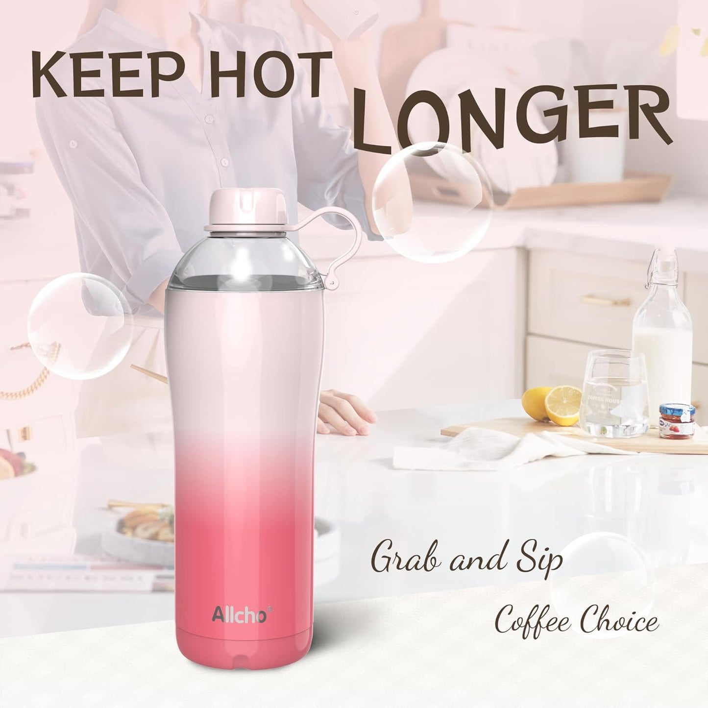 Allcho Insulated Water Bottle for Women, 18oz Stainless Steel Leak Proof Tumbler with 2 Lids, BPA-Free Tritan Chug & Straw Lid, Double Wall Vacuum Flask