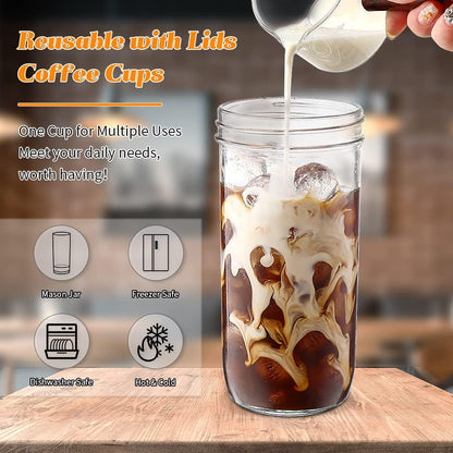 DWTS DANWEITESI Glass Cups with Lids and Straws,24 oz Smoothie Cup with Lid and Straw-Boba Mason Jar,Matcha Cup Wide Mouth Reusable Drinking Glasses,Iced Coffee Cups Glass,Vasos De Vidrio【4 Pack】