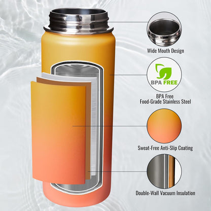 Fijinhom 24 oz Insulated Water Bottle with Handle, 304 Stainless Steel Water Bottles with Wide Mouth, Double Wall Vacuum Sports Water Bottle, BPA Free, Keep Cold and Hot, Black | with Handle