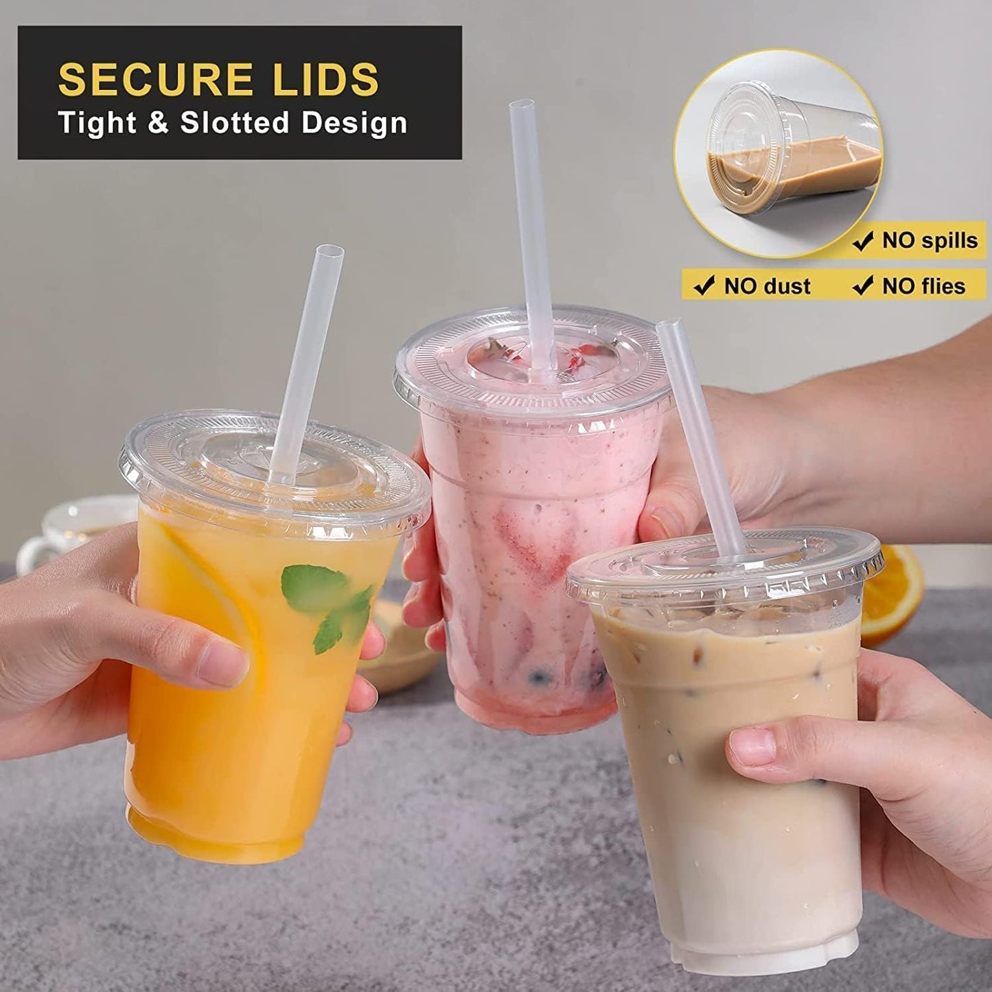 VITEVER [100 Sets - 16oz] Clear Plastic Cups with Lids and Straws, Disposable Iced Coffee Cups for Smoothie, Milkshake, Cold Drinks - BPA free