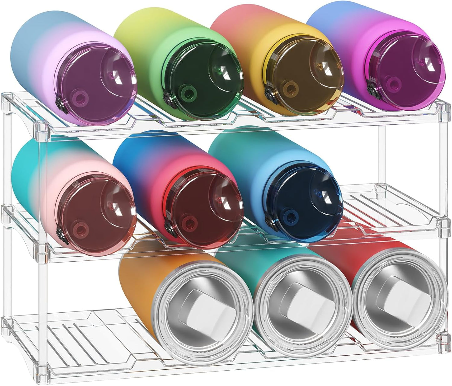 Lifewit Stackable Bottle Storage Organizer, Clear Freestanding Wine Holder for Cabinet, Large Slot Water Bottle Tumbler Cup Organizer for Pantry, Plastic Wine Rack for Fridge Cellar, 3Tier Hold 9