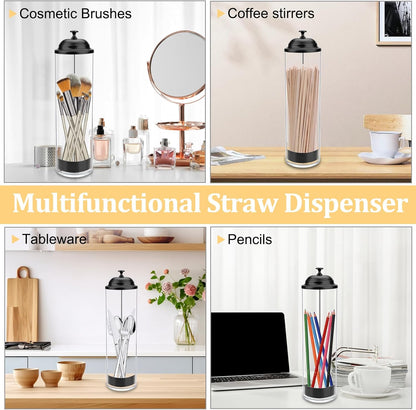 13.5 inch Straw Holder for Standard & Long Bended Size Drinking Straws, Acrylic Plastic Straw Dispenser with Lid, Black, Heavy Duty, 1 Piece