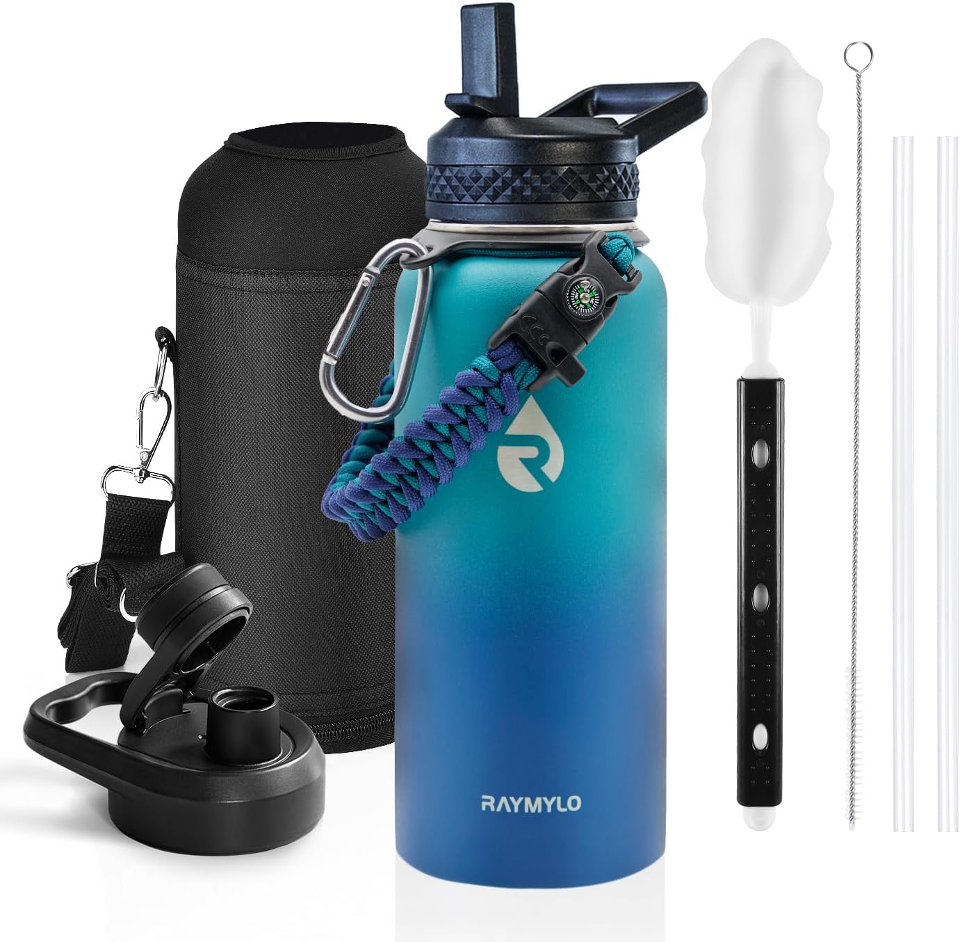 RAYMYLO One Gallon Water Bottle Insulated, Triple Walled Vacuum Stainless Steel (Cold for 48 Hrs), Leak Proof & Non-BPA, Large Water Flask Jug with Paracord Handle & Straw Spout Lids