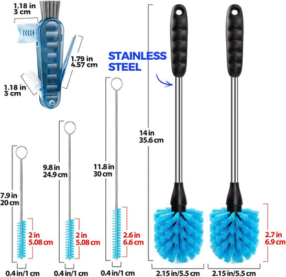 Holikme 6 Pack Bottle Brush Set, 14" Long Handle Stainless Steel Bottle Cleaner Brush, 3 Straw Brushes, 4-in-1 Bottle Cleaning Brush for Water Bottle, Antistatic Lab Brushes Straws, Black