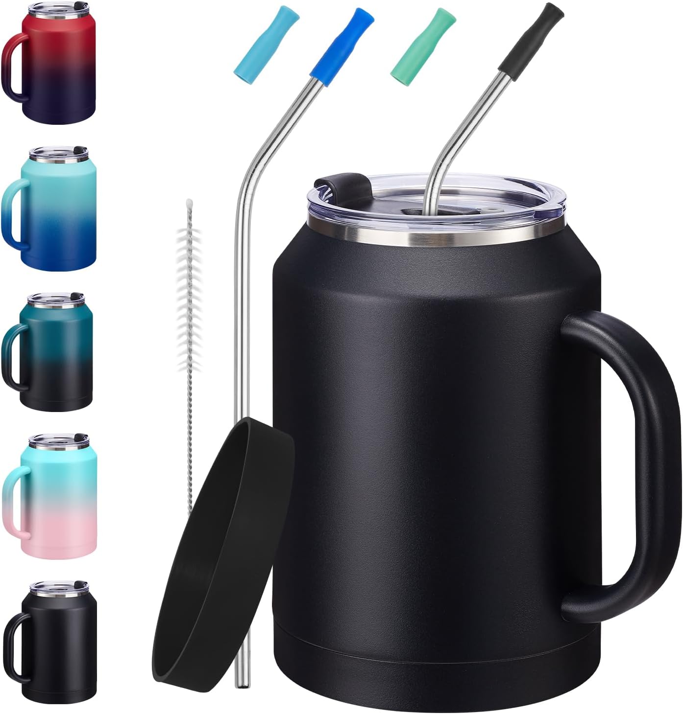 50 oz Insulated Tumbler with Handle and Straw - Stainless Steel Double Wall Coffee Mug, 2-in-1 Lid Metal Water Bottle, 36H Cold 24H Hot Travel Hydro Cup Jug with Silicone Boot