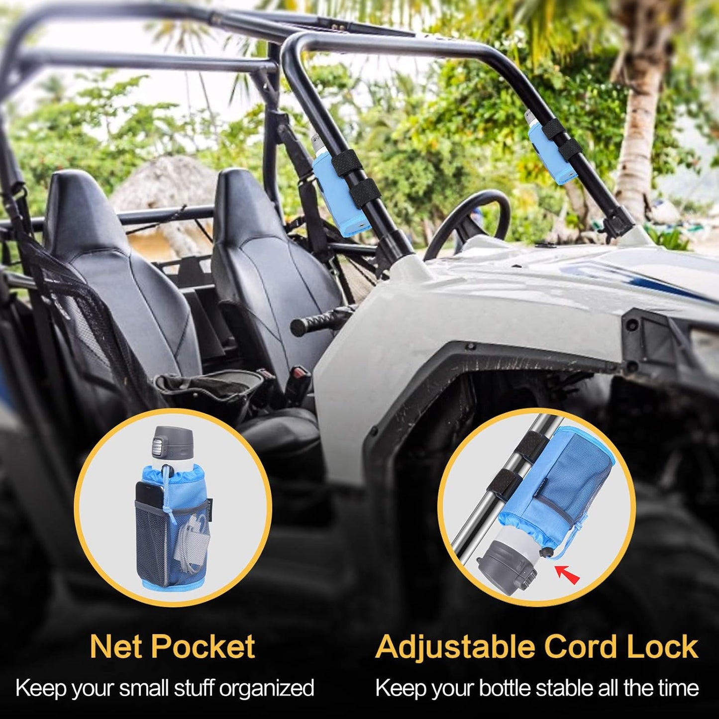 GEARV 2Pack Cup Holder for Bike, Scooter and Wheelchair, Water Bottle Holder for UTV/ATV, Walker, Golf Cart and Beach, Universal Drink Holder Accessories with Net Pocket and Cord Lock (Black)