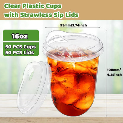 Alaeseje 50 Pack Clear Plastic Cups with Strawless Sip Lids,16 oz Iced Coffee Cups with Lids,Disposable PET Crystal Cups,Round Bottom To Go Cup for Iced Coffee Juice Smoothie Cold Beverage