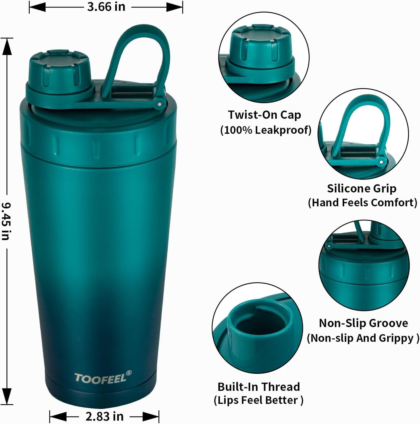 TOOFEEL Protein Shaker Bottle 20 oz - Double Walled Insulated Vacuum Cup for Protein Shakes, Keeps Cold/Hot, Metal Stainless Steel, Preworkout Gym