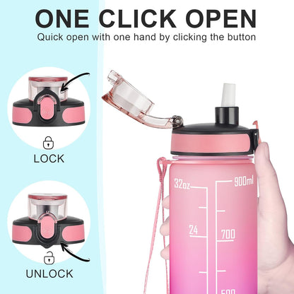 Enerbone Water Bottle, Leakproof BPA & Toxic Free, Motivational Water Bottle with Times to Drink and Straw, Fitness Sports Water Bottle with Strap for Office, Gym, Outdoor Sports