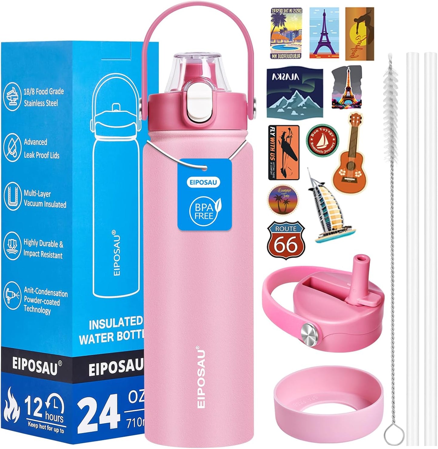 Insulated Water Bottle with Lid & Boot & Stickers, 24 oz Stainless Steel Sweat Free Bottle Keep Cold 24H, BPA-Free Sports Wide Mouth Water Bottle, BlueBlack