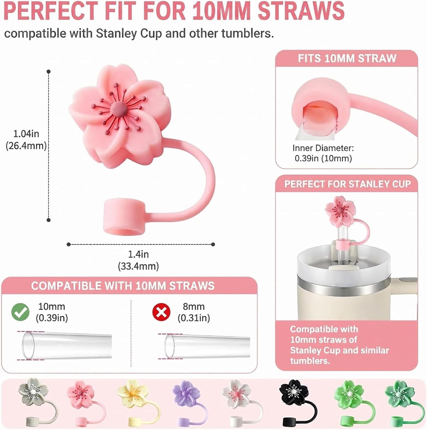 BTYHAOS Silicone Straw Caps for 10mm Tumblers | Reusable Dust-Proof Straw Toppers Compatible with Stanley 30oz & 40oz Tumblers (Purple Flower 3pc)