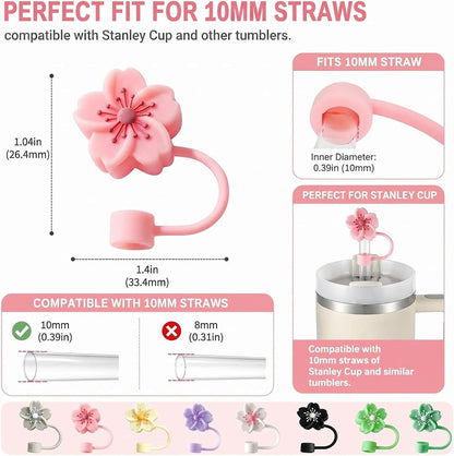 BTYHAOS Silicone Straw Caps for 10mm Tumblers | Reusable Dust-Proof Straw Toppers Compatible with Stanley 30oz & 40oz Tumblers (Purple Flower 3pc)