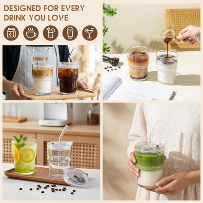 Haundry 14oz Glass Tumbler with Straw and Lid, Reusable Iced Coffee Cup Tumbler, Cute Glass Cups for Water, Matcha, Travel Coffee Mugs