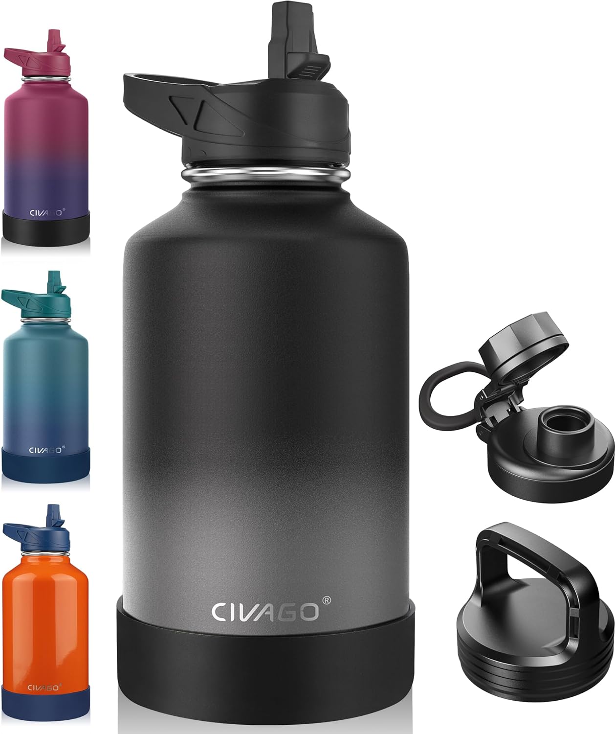CIVAGO 32 oz Insulated Water Bottle With Straw, Stainless Steel Sports Water Cup Flask with 3 Lids (Straw, Spout and Handle Lid), Wide Mouth Travel Thermal Mug, Black