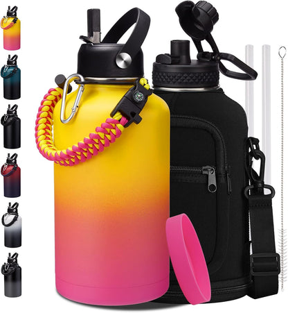 32/40/64OZ Insulated Water Bottle - Keep Cold 48H Hot 24H, Combo Straw/Spout Lids, Paracord Handle for Gym/Hiking, Carrier Bag +Strap, Cup Mat, BPA-Free Stainless Steel Flask Jug