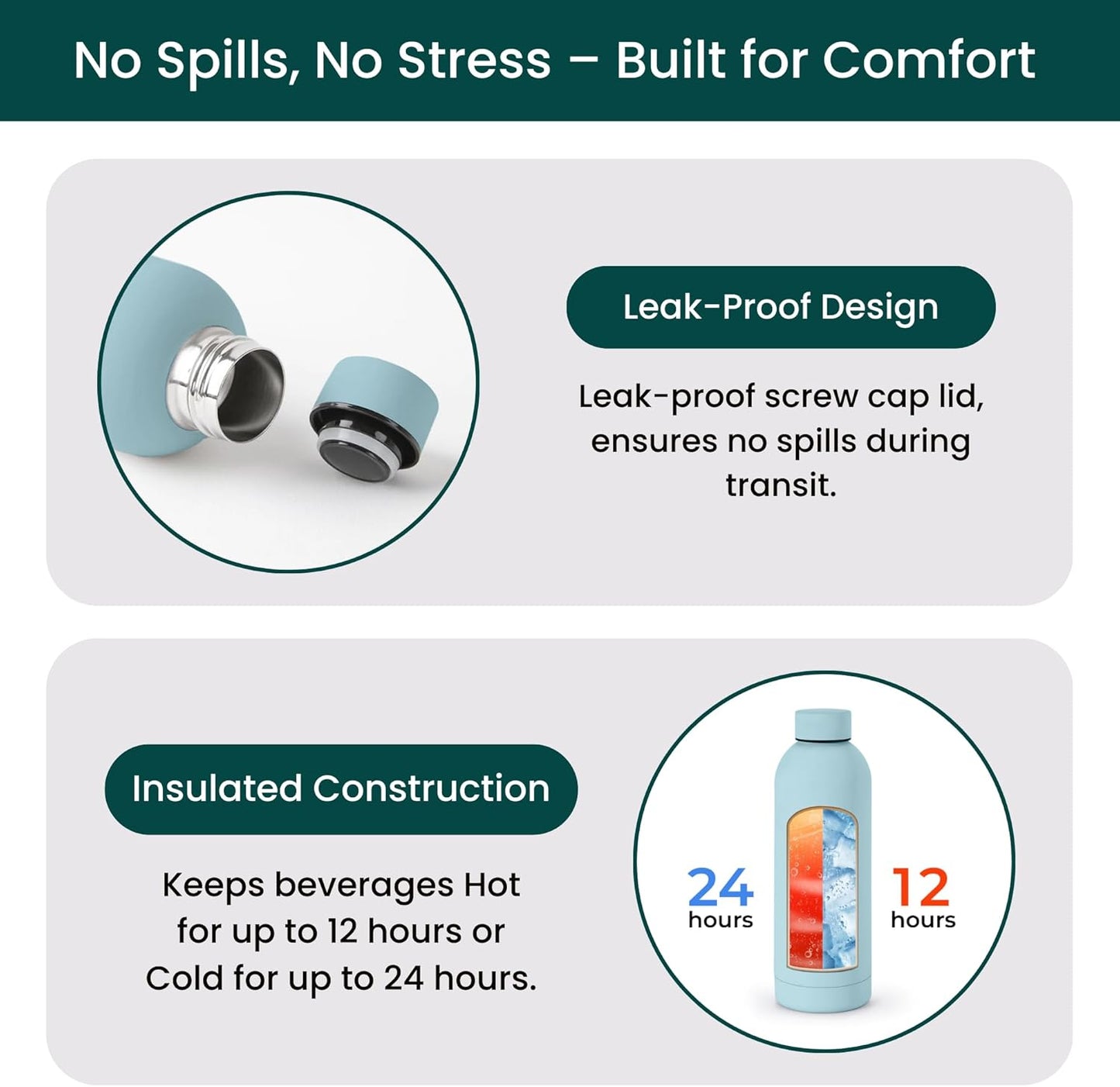 NOBL Stainless Steel Water Bottle,17 oz, 500 ml, Double Wall Vacuum Insulation, Sealed Bottle Keeps Drinks Cold 24 Hrs & Hot 12 Hrs, Leak Proof, Fits Noble Carry-On Cup Holder - Sand
