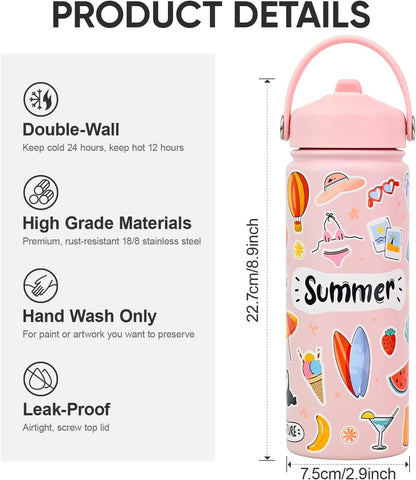 KEWIXY Kids Water Bottle for School, Easy Slide Lid, Leak Proof, Keep Cold 24H, Vacuum Insulated Tumbler, Metal Stainless Steel with Straw and Handle, for Boys&Girls (18OZ, Candy Pink)