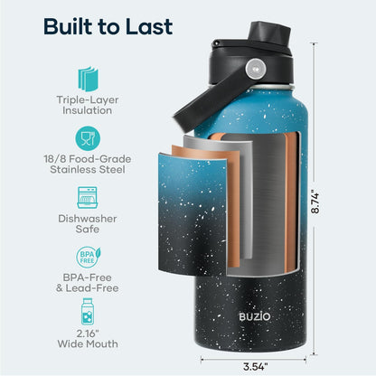 BUZIO 40oz Insulated Water Bottle, Triple Wall Vacuum Stainless Steel Water Flask with 2 lids, Lead-Free BPA-Free Straw Lid Sports Canteen Jug, Cold 48H & Hot 24H- Black - Colors A
