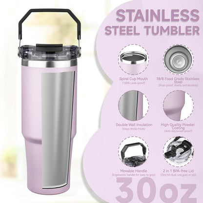 30oz Tumbler with Handle and Flip Straw Lid Double Wall Insulated Travel Coffee Mug Stainless Steel Vacuum Insulated Coffee Tumbler Cup for Hot and Cold Beverages,Leak-proof&BPA-free (30oz,Black)