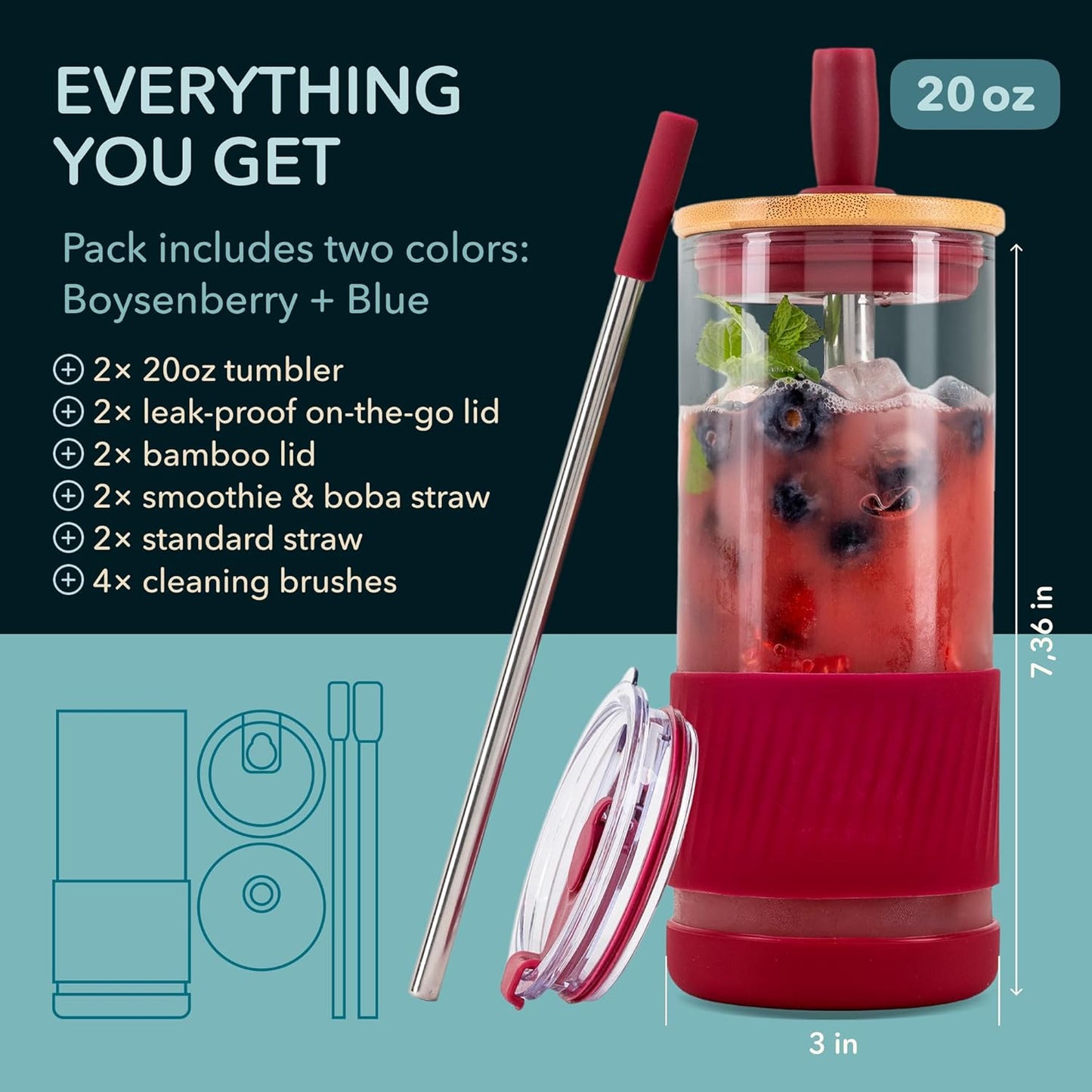 Pandaloo® Glass Cups With Lids and Straws -20 Fl Oz- Perfect Size Iced Coffee Cup - Smoothie Cup With Bamboo Lid and On the go Lid - Glass Tumbler With Straw (1 Count (Pack of 1), Lilac Rhapsody)