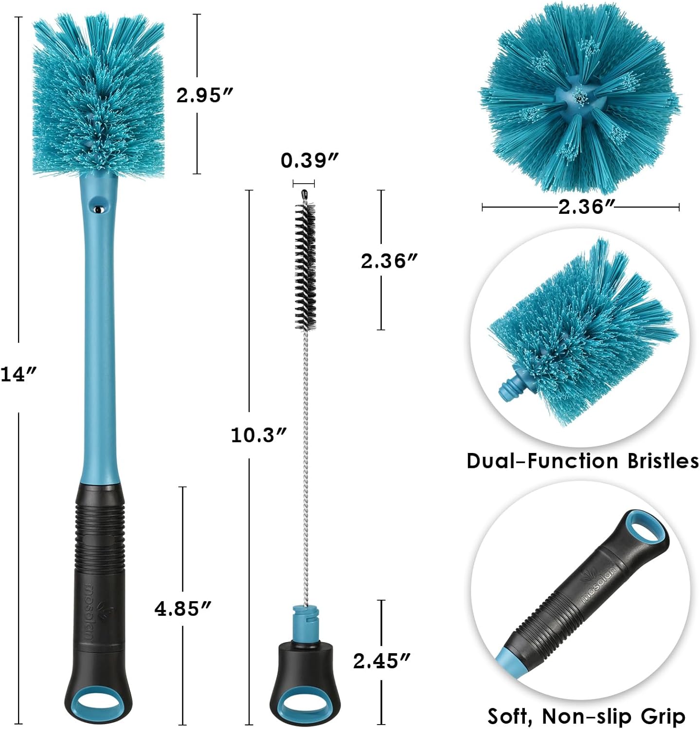 MOSOLAN 2-in-1 Water Bottle Brush and Straw Cleaner Brush, Long Handle Water Bottle Scrubbing Brush for Water Bottles, Glasswares, Mugs, Flasks, Tumblers and Kitchen Sink, Black, 1 Pack