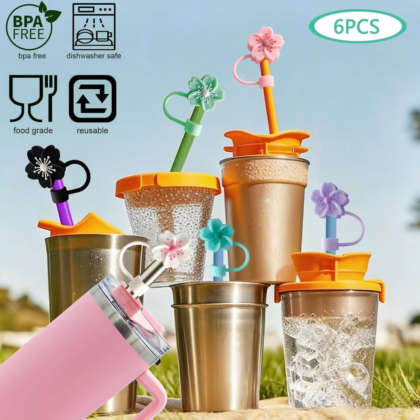BTYHAOS Silicone Straw Caps for 10mm Tumblers | Reusable Dust-Proof Straw Toppers Compatible with Stanley 30oz & 40oz Tumblers (Purple Flower 3pc)