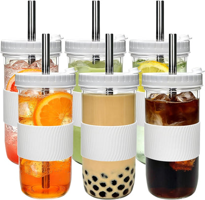 Mapoxy 6 Pack 24oz Mason Jar Cups with Lids and Straws, White Boba Cups Set, Glass Drinking Jars for Bubble Tea, Smoothie, Iced Coffee, Complete with Sleeves, Dishwasher Safe Reusable Tumbler