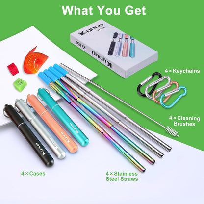 Kynup 4Packs Reusable Straws, Metal Straw with Silicon, Travel Drinking Straws with Case, Keychain, Cleaning Brushes, Silicon Pcs Perfect for Travel, Gifts (20 PCS) Blue-Black-Silver-Turquoise