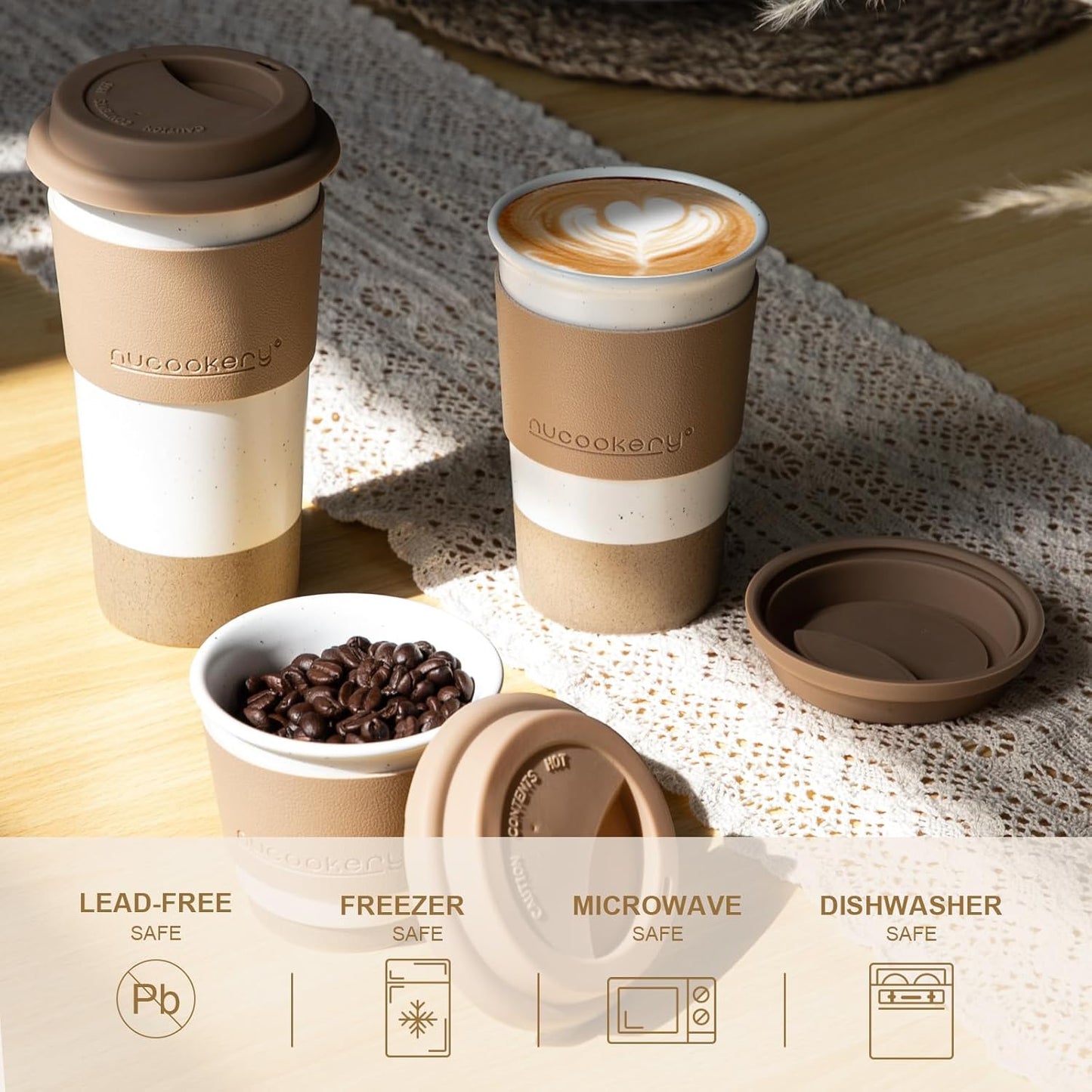 Nucookery Ceramic Travel Coffee Mug Set, Coffee Tumbler with Silicone Lid and Non-Slip Sleeve, Unique To Go Mug, Gifts for Women & Men, Microwave Safe Cappuccino, Tea, Latte, Iced-Coffee Cups, White