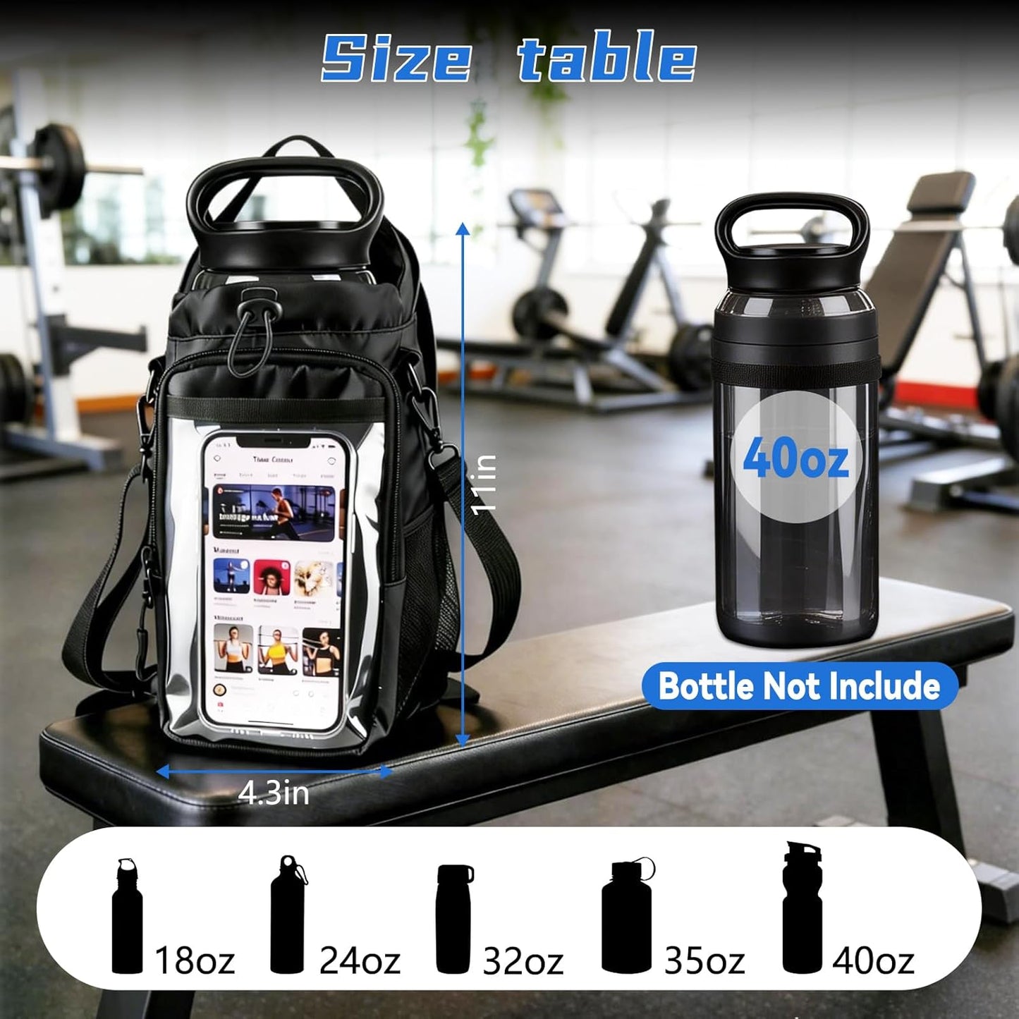 JACZZO Magnetic Gym Bag, Magnetic Gym Water Bottle Bag with Strap 4 Strong Magnets, Upgraded Clear Design Phone Bag, Gym Gifts for Men & Women Gym accessories (Black)