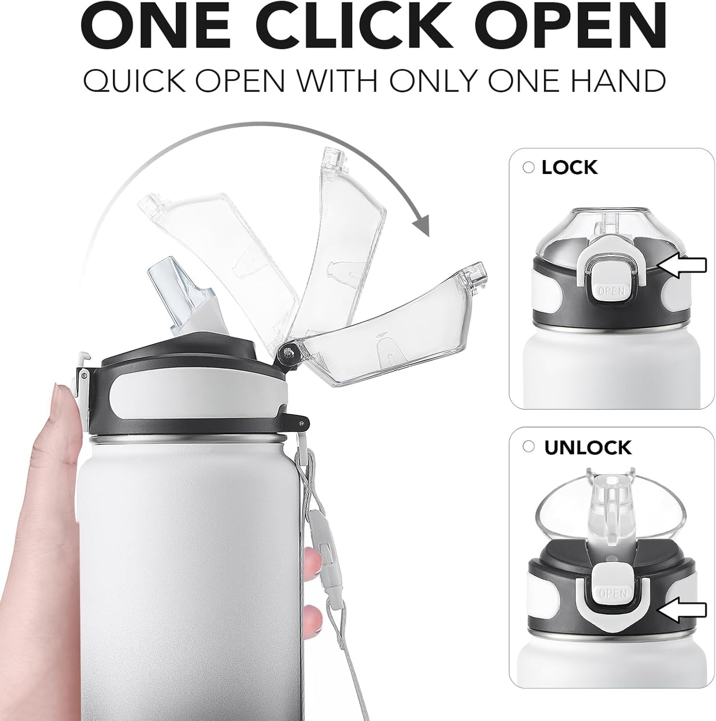 Enerbone 24 oz Insulated Water Bottle, Stainless Steel Bottle with Carrying Strap, Double-Wall Vacuum Insulation Design, Leakproof Sports Bottle with Straw, Keep Drinks Cold or Hot for Hours