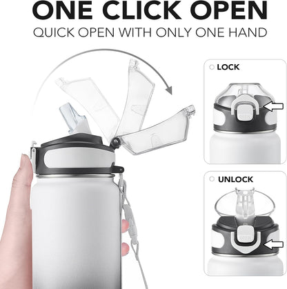 Enerbone 24 oz Insulated Water Bottle, Stainless Steel Bottle with Carrying Strap, Double-Wall Vacuum Insulation Design, Leakproof Sports Bottle with Straw, Keep Drinks Cold or Hot for Hours