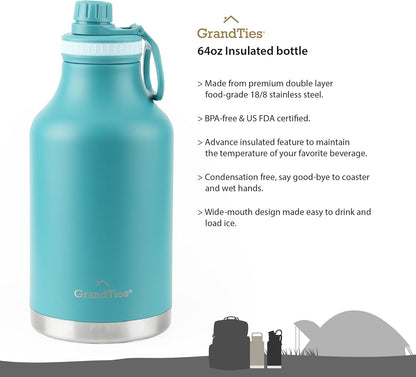 GRANDTIES 2 Lids Sports Stainless Steel Water Bottles – Wide Mouth Vacuum Insulated Reusable Leak Proof BPA-Free Travel Metal Canteen, Thermal Bottles for Men Women Gym (Ivory White 32 oz)