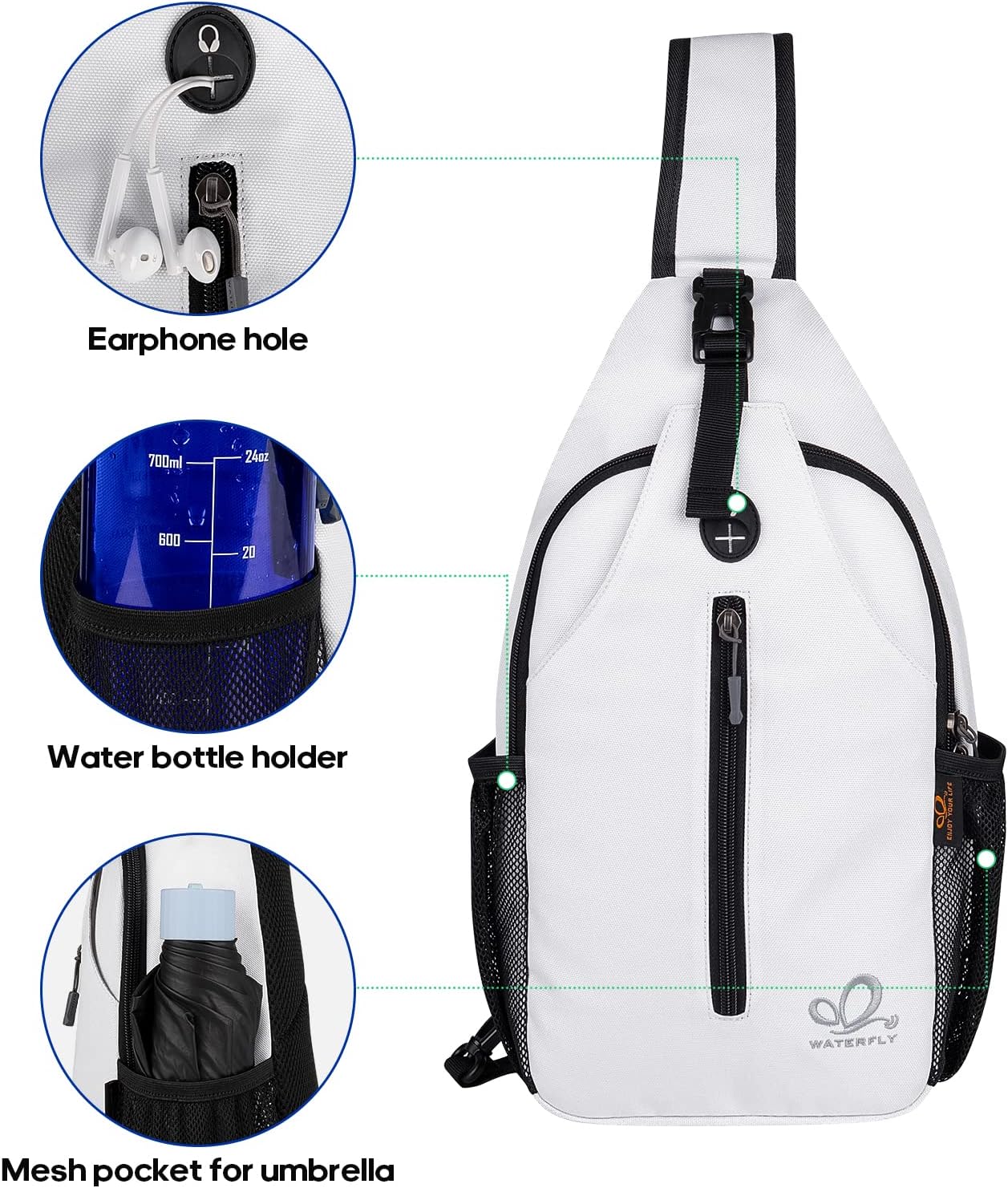 WATERFLY Crossbody Sling Backpack Sling Bag Travel Hiking Chest Bag Daypack (Black)