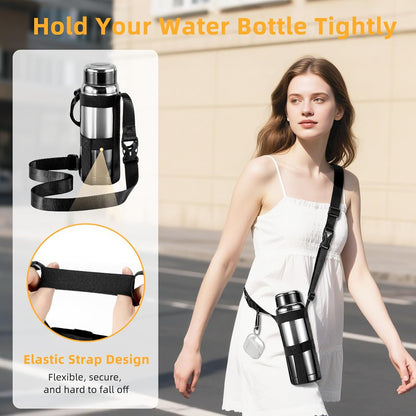 Nuovoware Water Bottle Holder With Strap, 2 Pack Elastic Water Bottle Sling Bag for 20-40 Oz, Lightweight Crossbody Bag With Shoulder Strap for Walking Hiking Camping Traveling, Black+Black