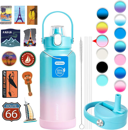 Insulated Water Bottle with Lid & Boot & Stickers, 24 oz Stainless Steel Sweat Free Bottle Keep Cold 24H, BPA-Free Sports Wide Mouth Water Bottle, BlueBlack