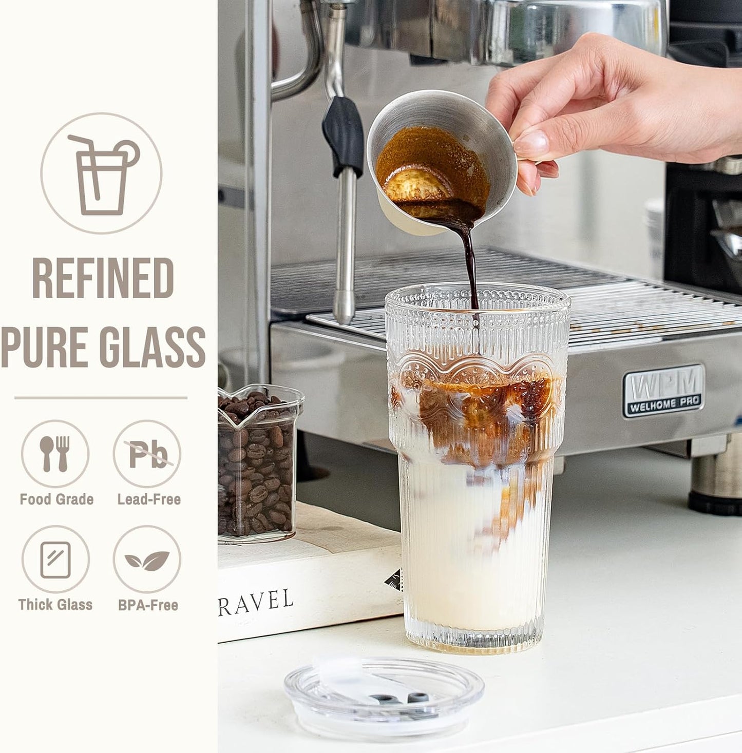 SoulTimes 20oz Ribbed & Floral Glass Tumbler Set of 2 – Reusable Glass Cups with Lid and Glass Straw, Iced Coffee Cups for Water, Smoothie, Milk, Cocktail & More – Perfect for Daily Use & Travel