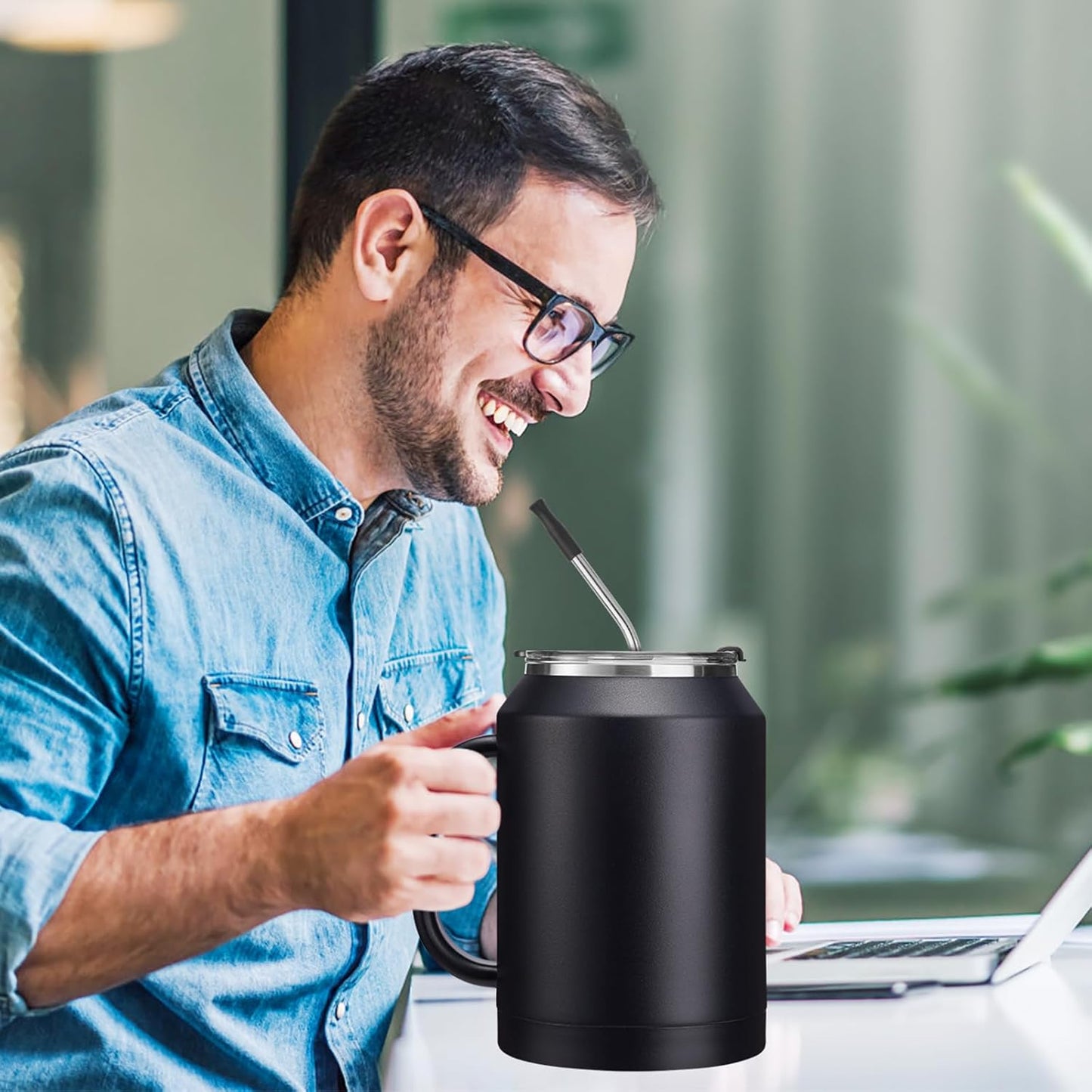 50 oz Insulated Tumbler with Handle and Straw - Stainless Steel Double Wall Coffee Mug, 2-in-1 Lid Metal Water Bottle, 36H Cold 24H Hot Travel Hydro Cup Jug with Silicone Boot