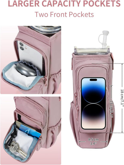 sportsnew Water Bottle Carrier Bag with Phone Pocket for 30oz 40oz Tumbler with Handle Accessories Insulated Water Bottle Holder Pouch with Strap Crossbody with Straw Cover