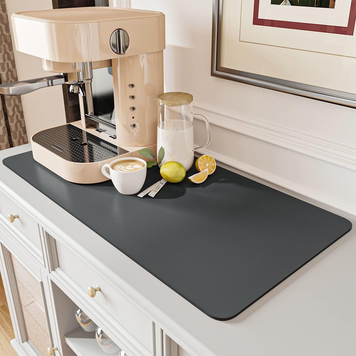 AMOAMI Dish Drying Mat for Kitchen Counter-Coffee Mat Bar Accessories, Hide Stain, Rubber Backed, Absorbent, Fit Under Coffee Maker, Espresso Machine, Pot, Dish Rack, 12"x19", Dark Grey