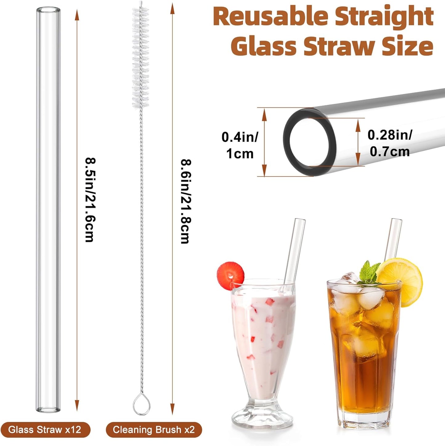 Antner 12 Pack Reusable Glass Straw, 8.5" x 10MM Bent Clear Glass Drinking Straws for Hot & Cold Drinks, 2 Cleaning Brushes Included