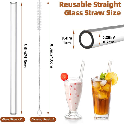 Antner 12 Pack Reusable Glass Straw, 8.5" x 10MM Bent Clear Glass Drinking Straws for Hot & Cold Drinks, 2 Cleaning Brushes Included