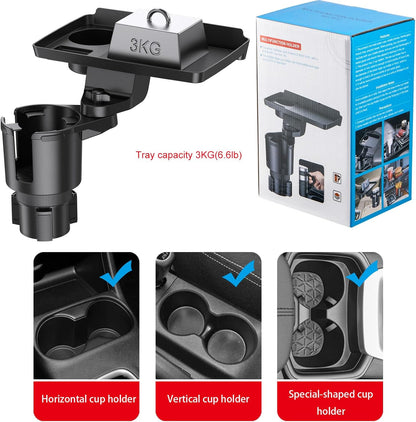 Car Cup Holder Tray, 5 in 1 Adjustable Car Cup Holder Expander Detachable Car Food Tray & Organizer – Automotive Cup Tray Table 9.8”with 360° Rotation with Phone Mount, Fit in 2.6"-3.9" Car Holder