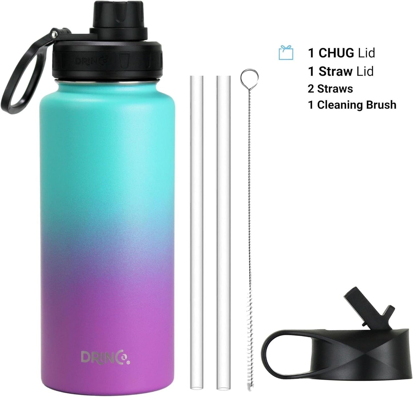 Drinco Stainless Steel Water Bottle Spout Lid Vacuum Insulated Double Wall Water Bottle Wide Mouth (40oz 32oz 22oz 18oz 14oz) Leak Proof Keep Cold Sport Camping Hiking (22 oz, 22oz Black)