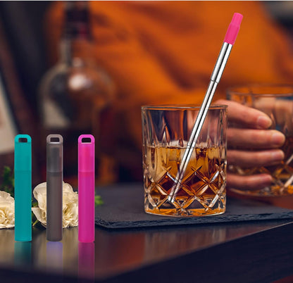 NAIVELY-Metal Reusable Straws 3 Pack Collapsible Portable Stainless Steel Drinking Straw Telescopic Travel Straw, with Case and Cleaning Brush Foldable Pocket Straws