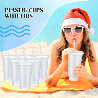 Uiifan 6 Pcs 24 oz Reusable Tumbler with Lids and Straws Plastic Iced Coffee Tumbler Glitter Travel Mug Cup for Smoothie Juices Birthday Party Cold Drink Coffee Cup Bulk for Adult Kid Women (Clear)